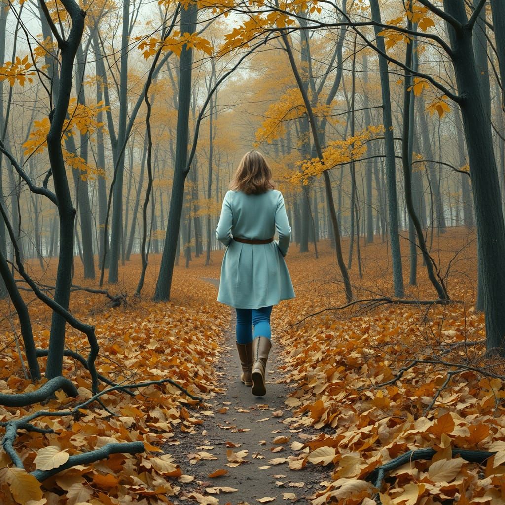 Woman Walks Alone in Autumn Woods