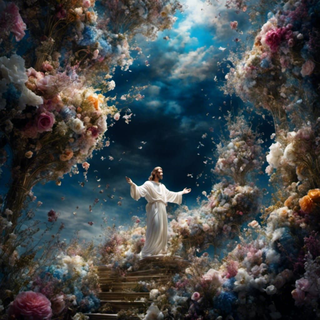 <lora:glass:1.0> Jesus on white clouds hands outreach, heavenly, epic beautiful