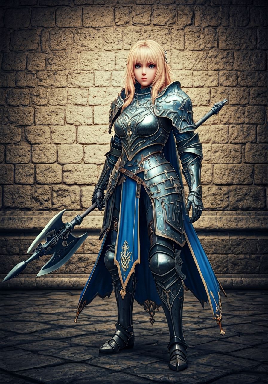Anime Fantasy Warrior in Blue Armor with Halberd