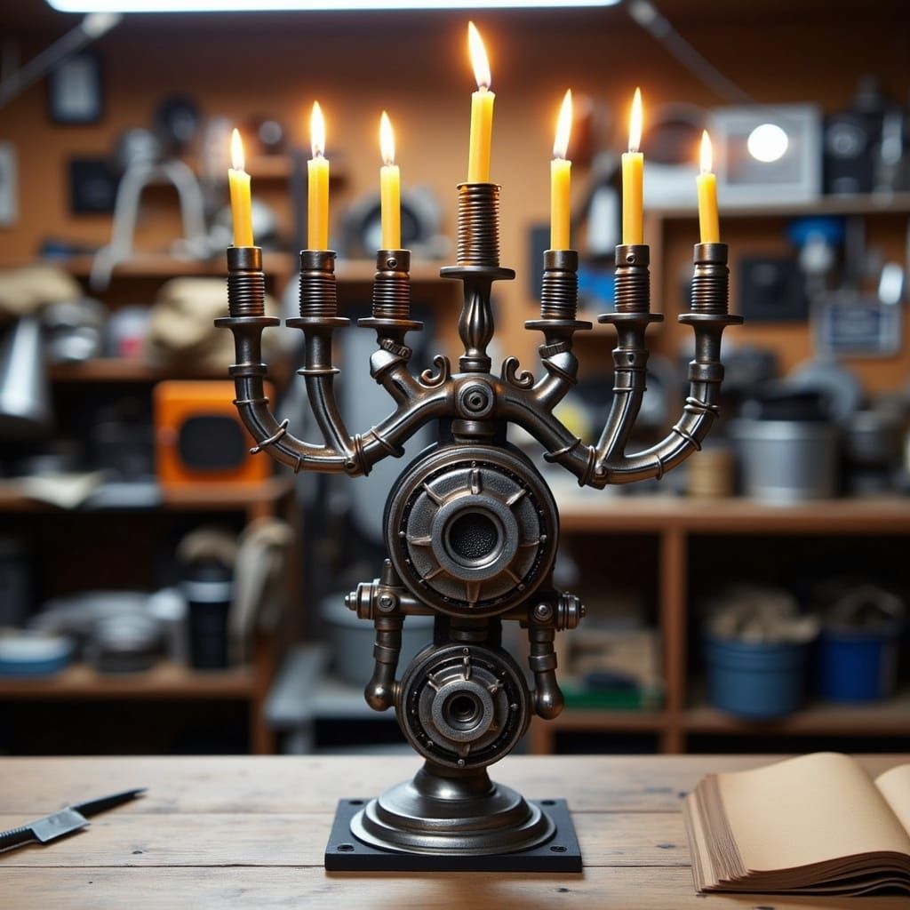 Motorcycle Part Menorah on Workshop Bench