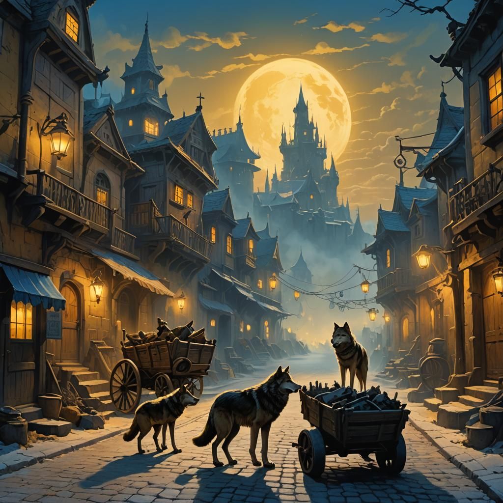 Wolves in Adventurer's Quarter, Matte Painting Style