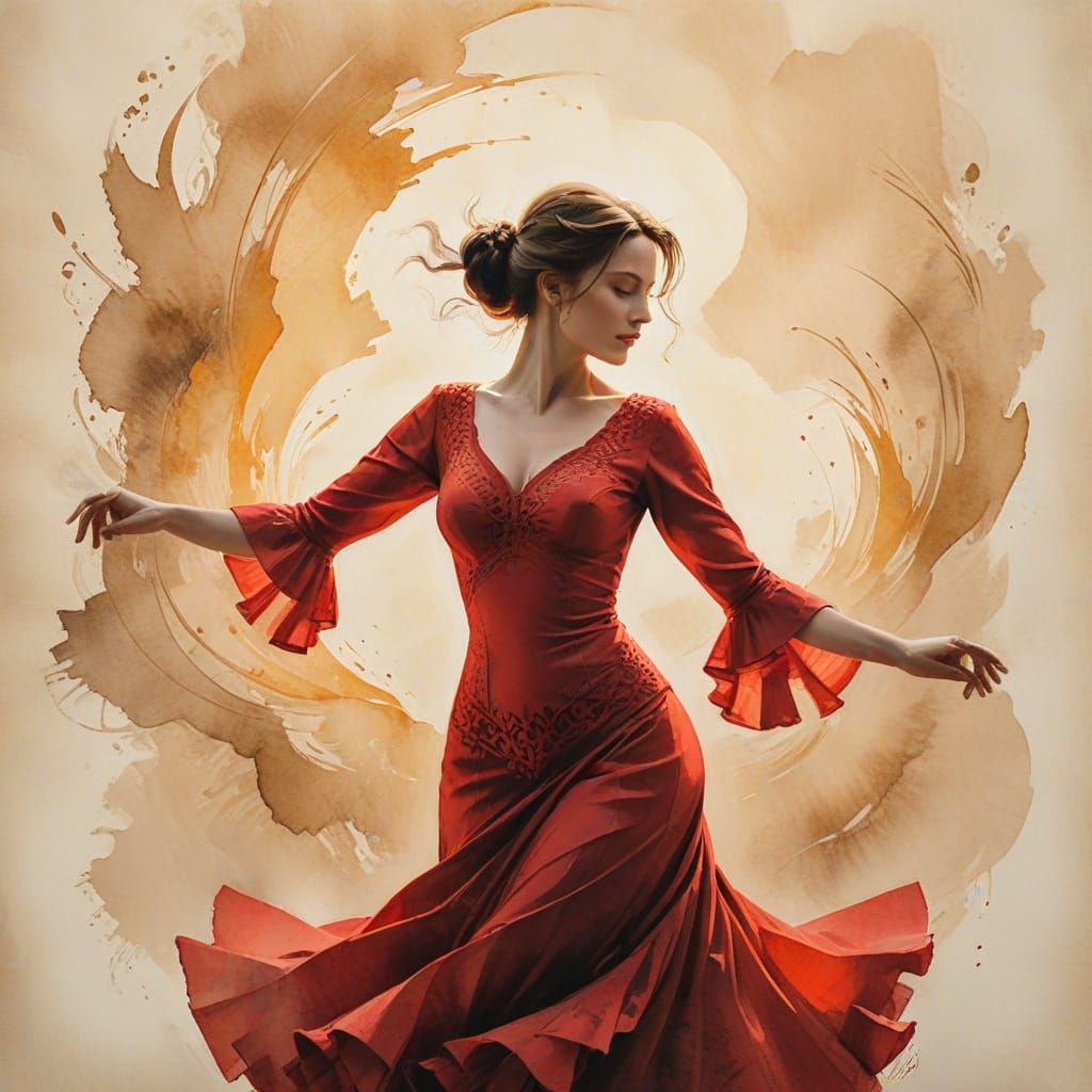 Flamenco Dancer at Golden Hour in Ink Wash Style