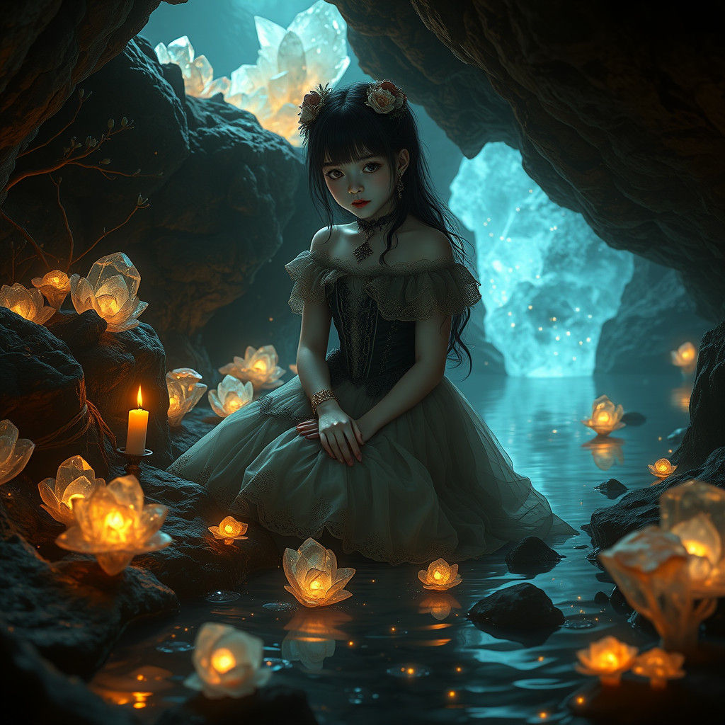 Mystical Girl in Crystal Cave with Glowing Flowers