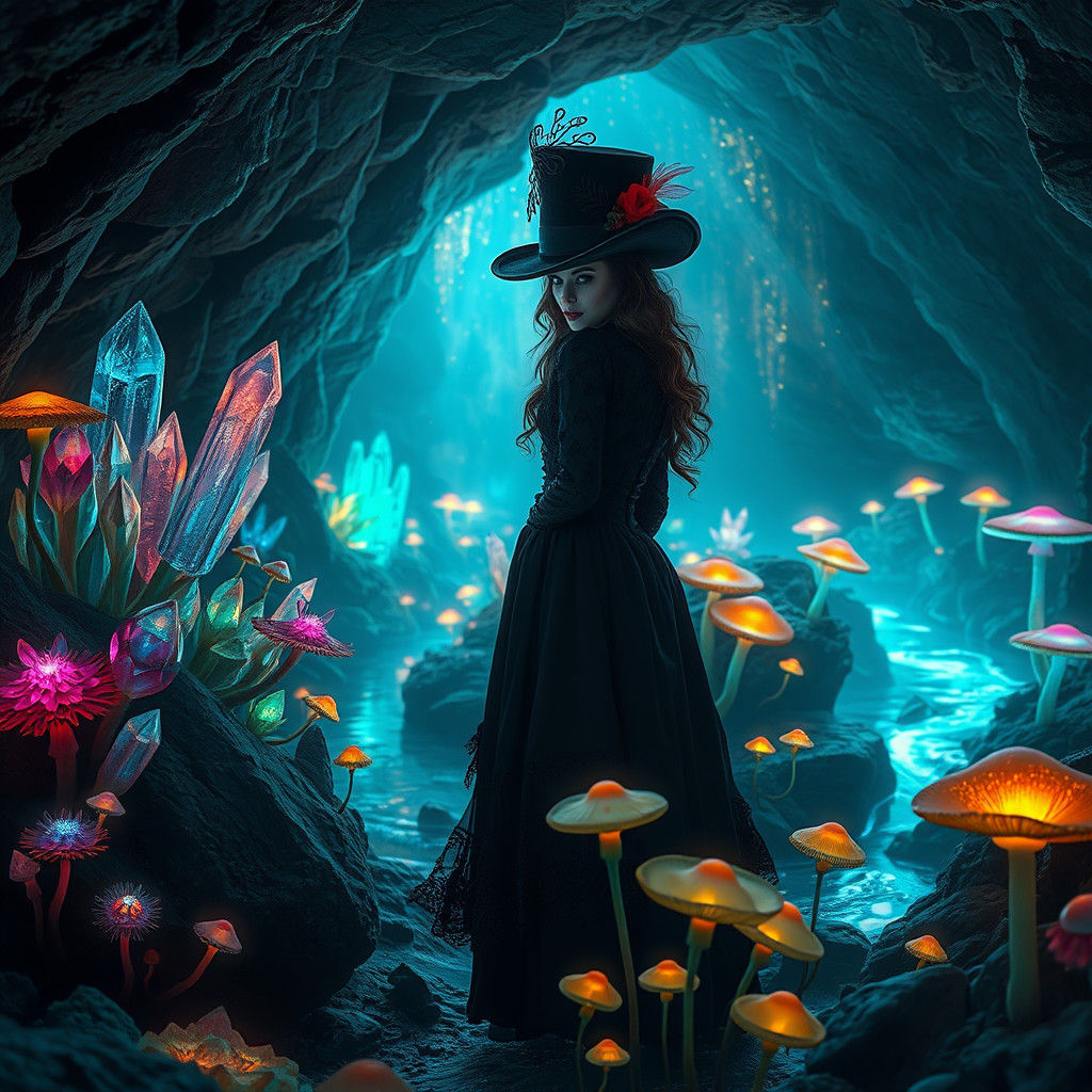 Gothic Woman in Bioluminescent Cave, Dark Fantasy Art