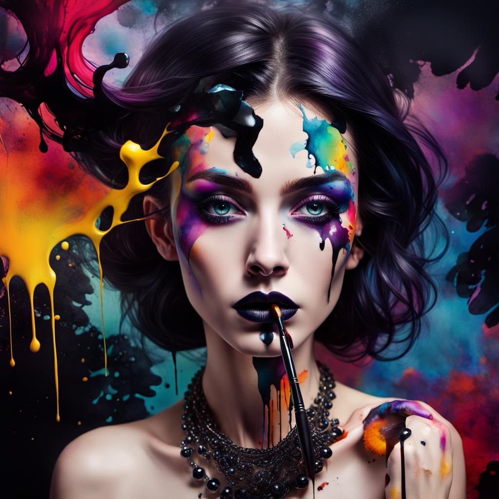 Mysterious Woman with Black Ink: Surrealist 3D Digital Art