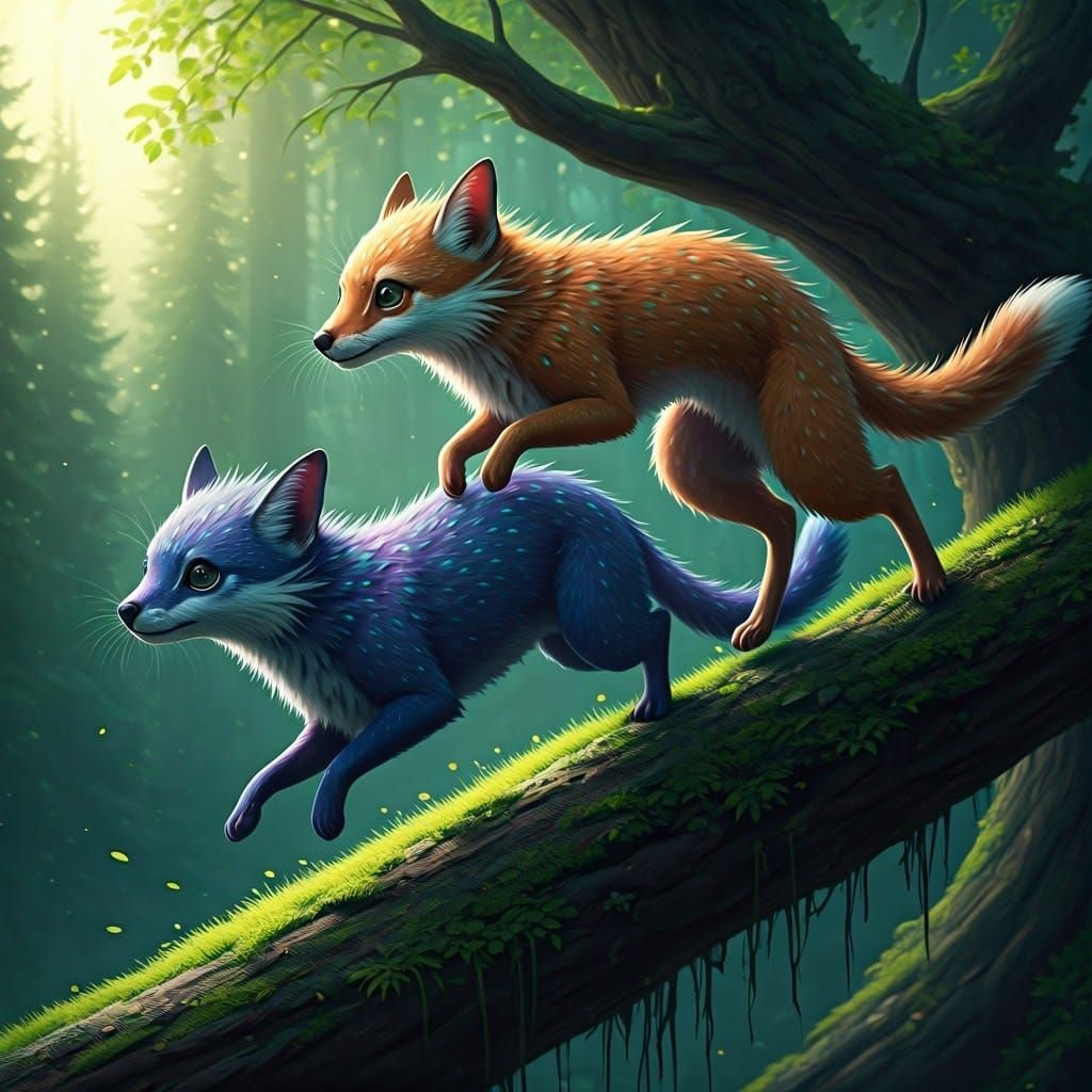 Magical Hybrid Creatures Leap in Mystical Forest