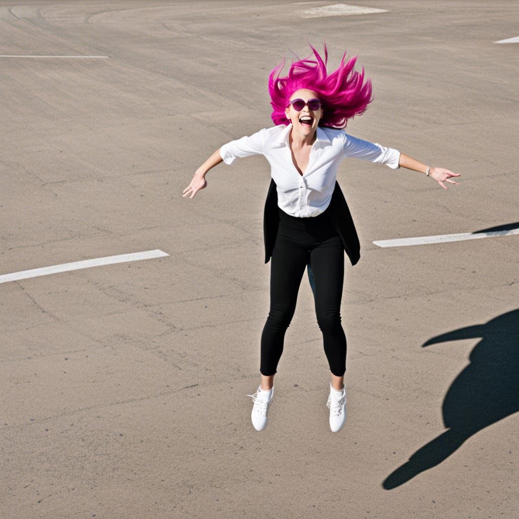 Magenta Haired Woman Jumping for Joy
