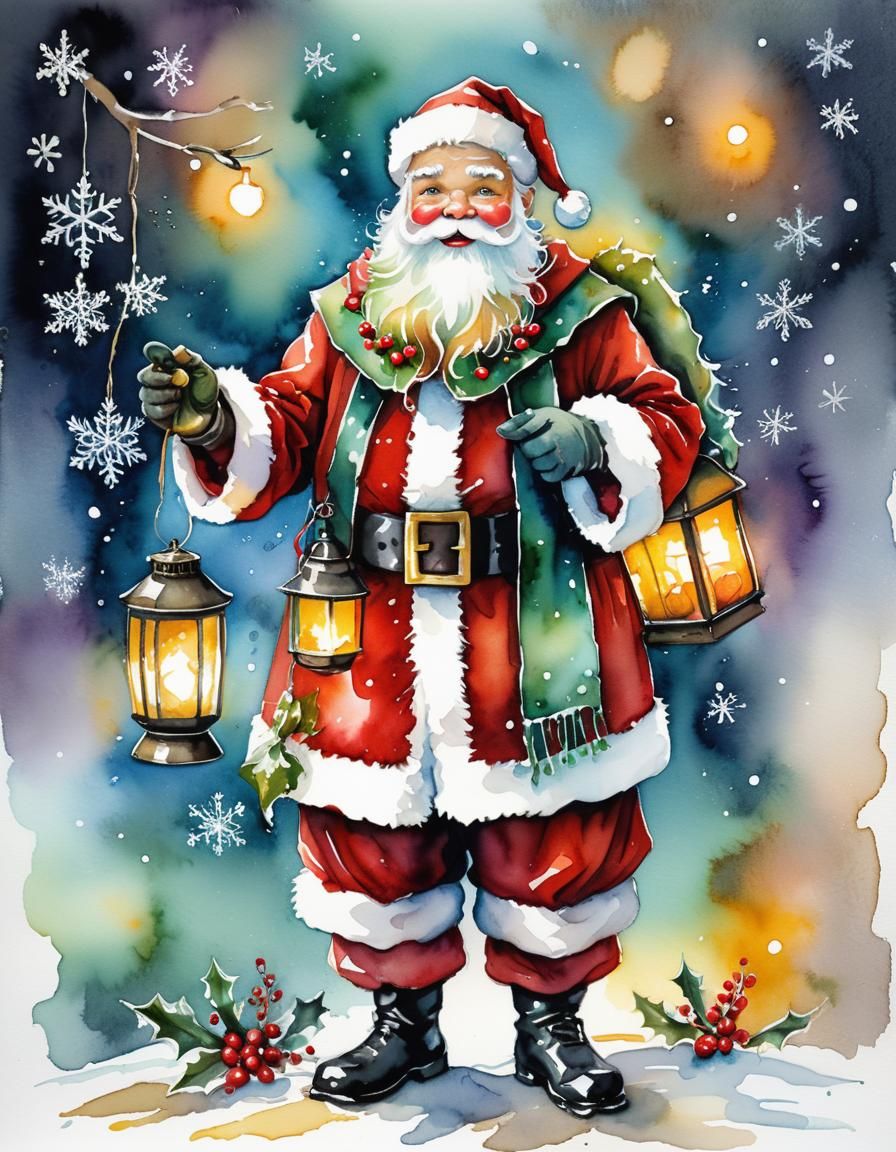 Retro Santa Claus Portrait in Watercolor Style