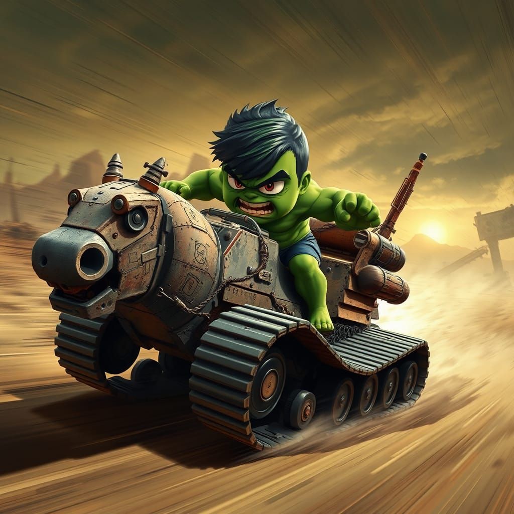 Chibi Hulk Races Horse Tank in Apocalyptic Wasteland