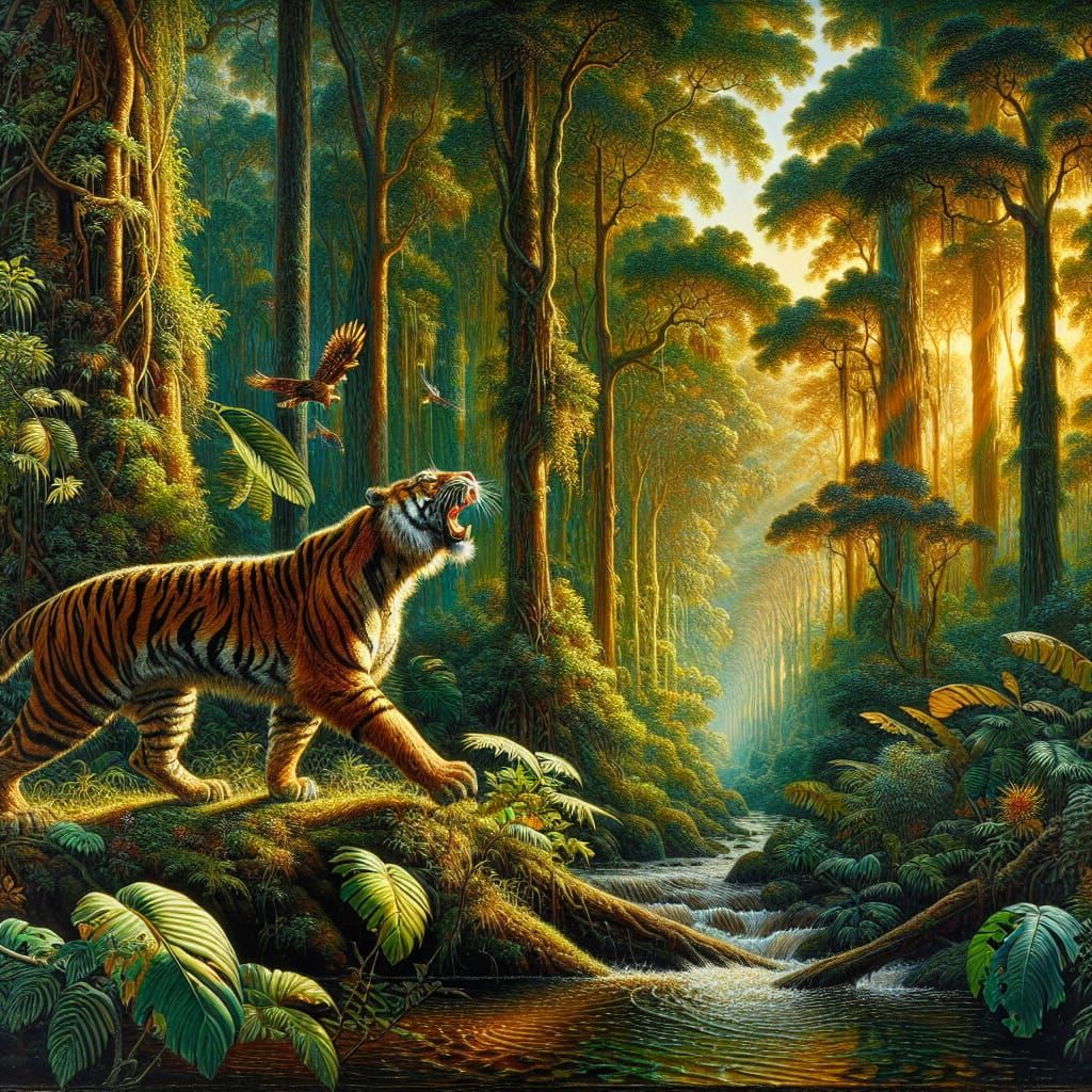 Tiger Roaring in Rainforest, Rococo Style