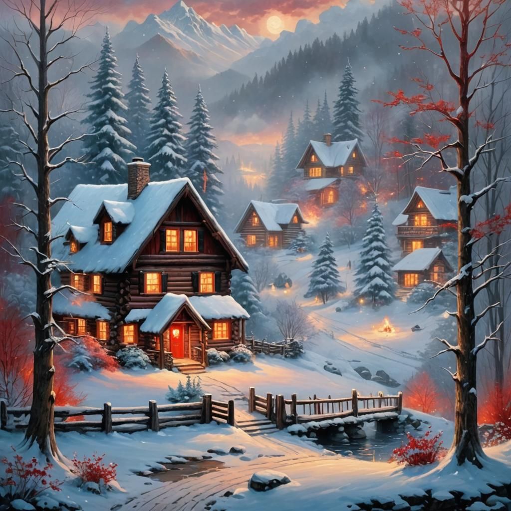 Cozy Winter Log Cabin Scene in Fantasy Style