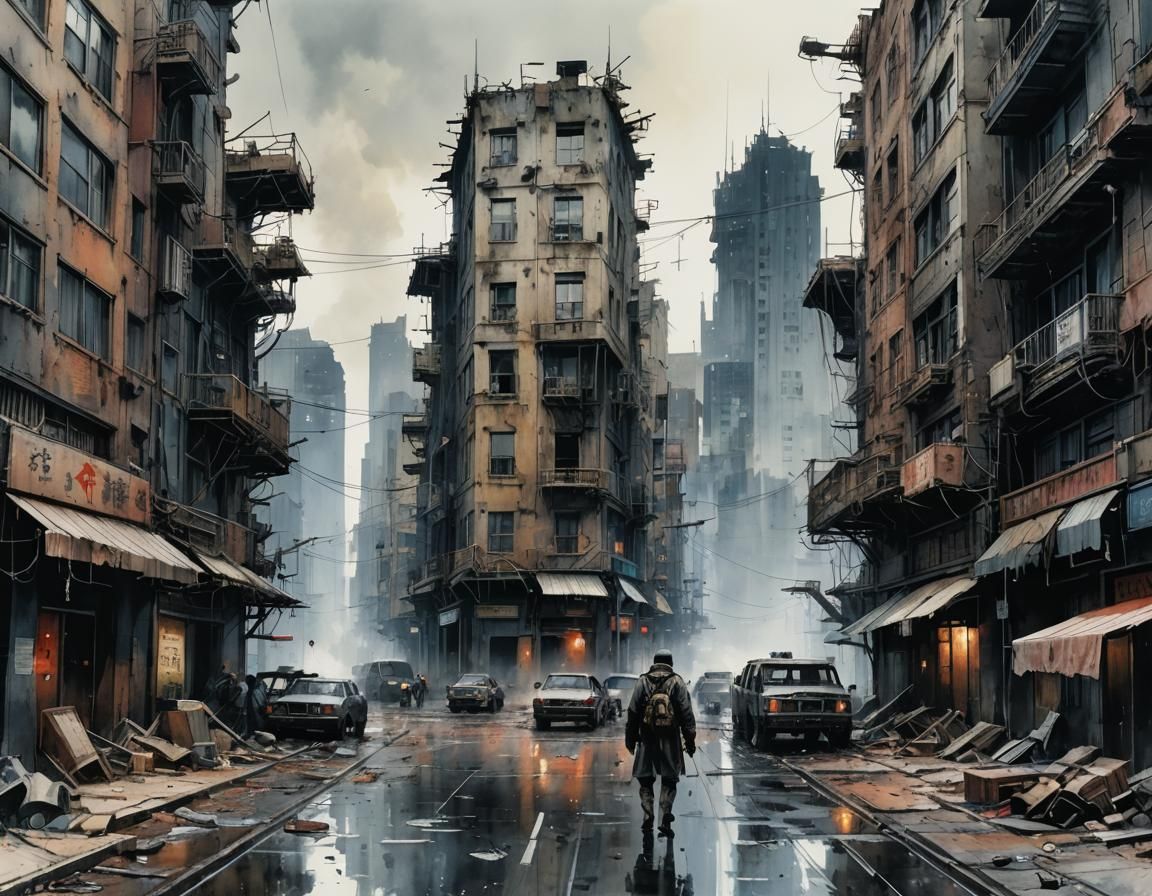 Post-Apocalyptic Cyberpunk City in Watercolor
