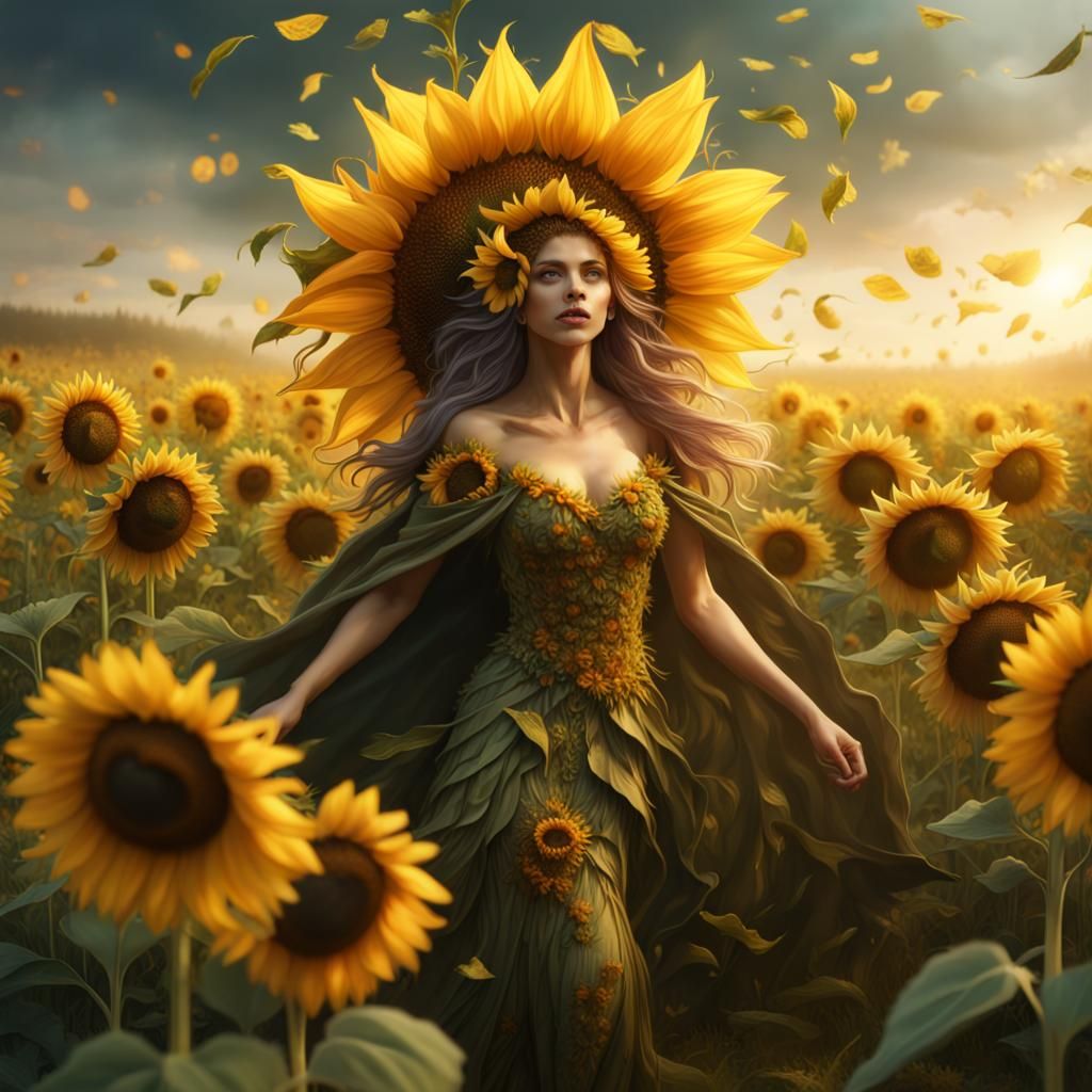 Sunflower Dryad in Meadow: Fantasy Concept Art