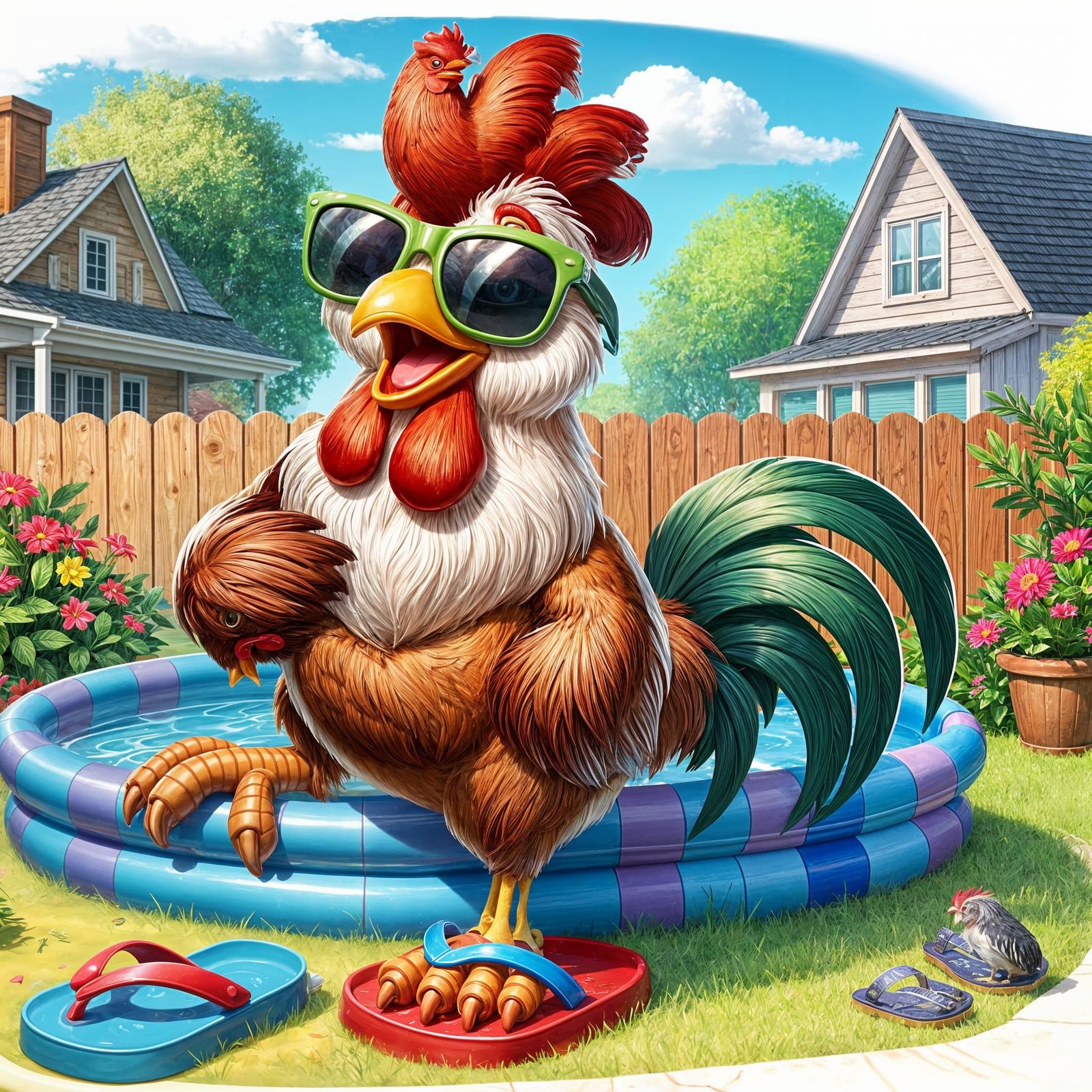 Cheerful Cartoon Rooster Soaks Up Summer Fun in Suburban Bac...