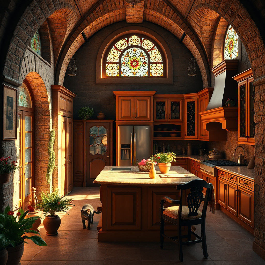 Italian Fantasy Kitchen with Stone Arches in 35mm Film Style