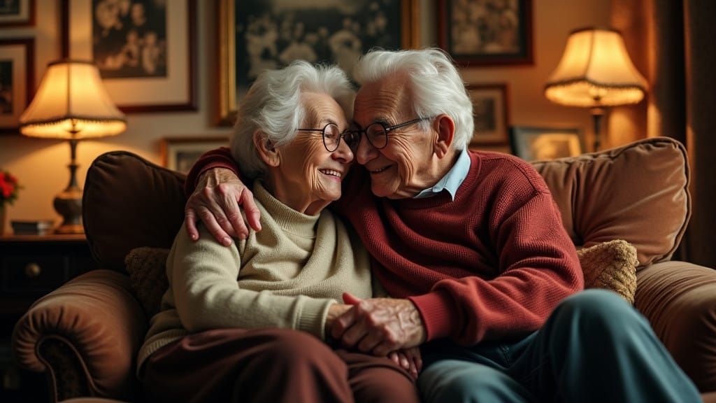 A Lovable Elderly Couple Cuddles in Comfort