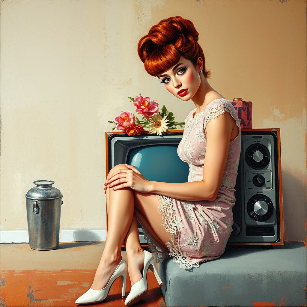 Abstract Expressionist Woman in 1960s Living Room