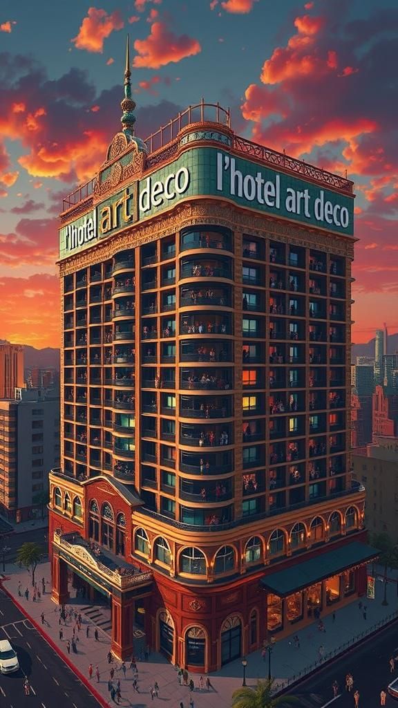 Art Deco Hotel at Sunset in Kemp Remillard Style