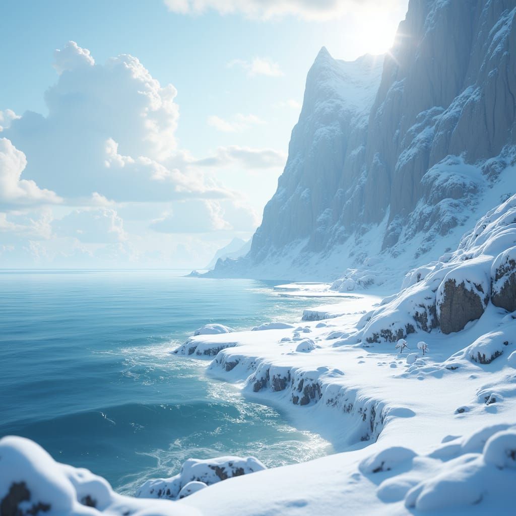 Snowy Anime Landscape with Distant Sea Horizon