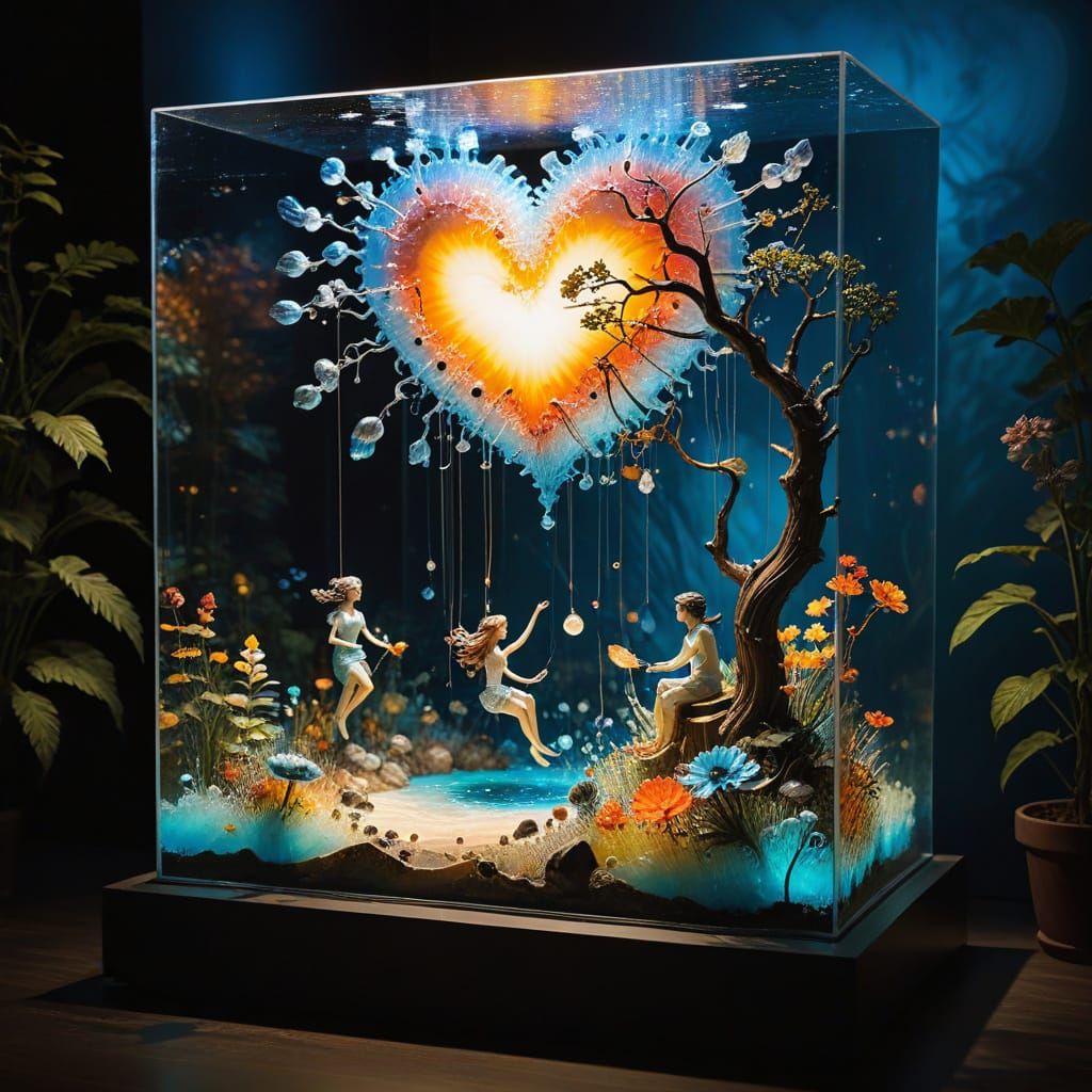 A living kinetic diorama sculpted from chrono-crystalline glass and sun-bleached, petrified wood