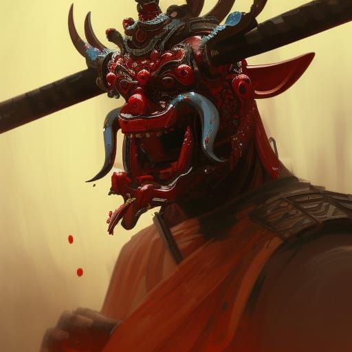 Samurai Oni Mask Battles Dragon in Red Rain