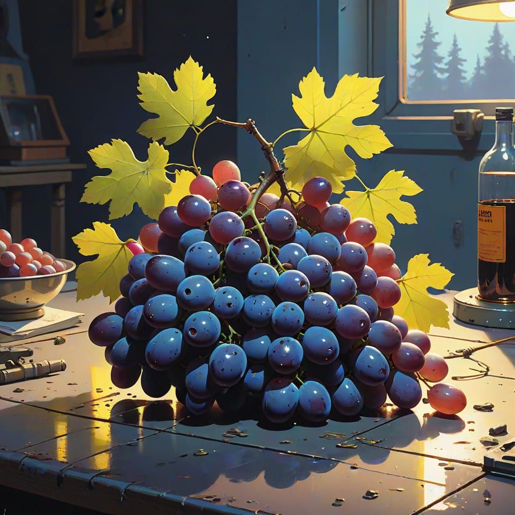 Hyper-Realistic Grapes in Eerie Still-Life Sci-Fi Style