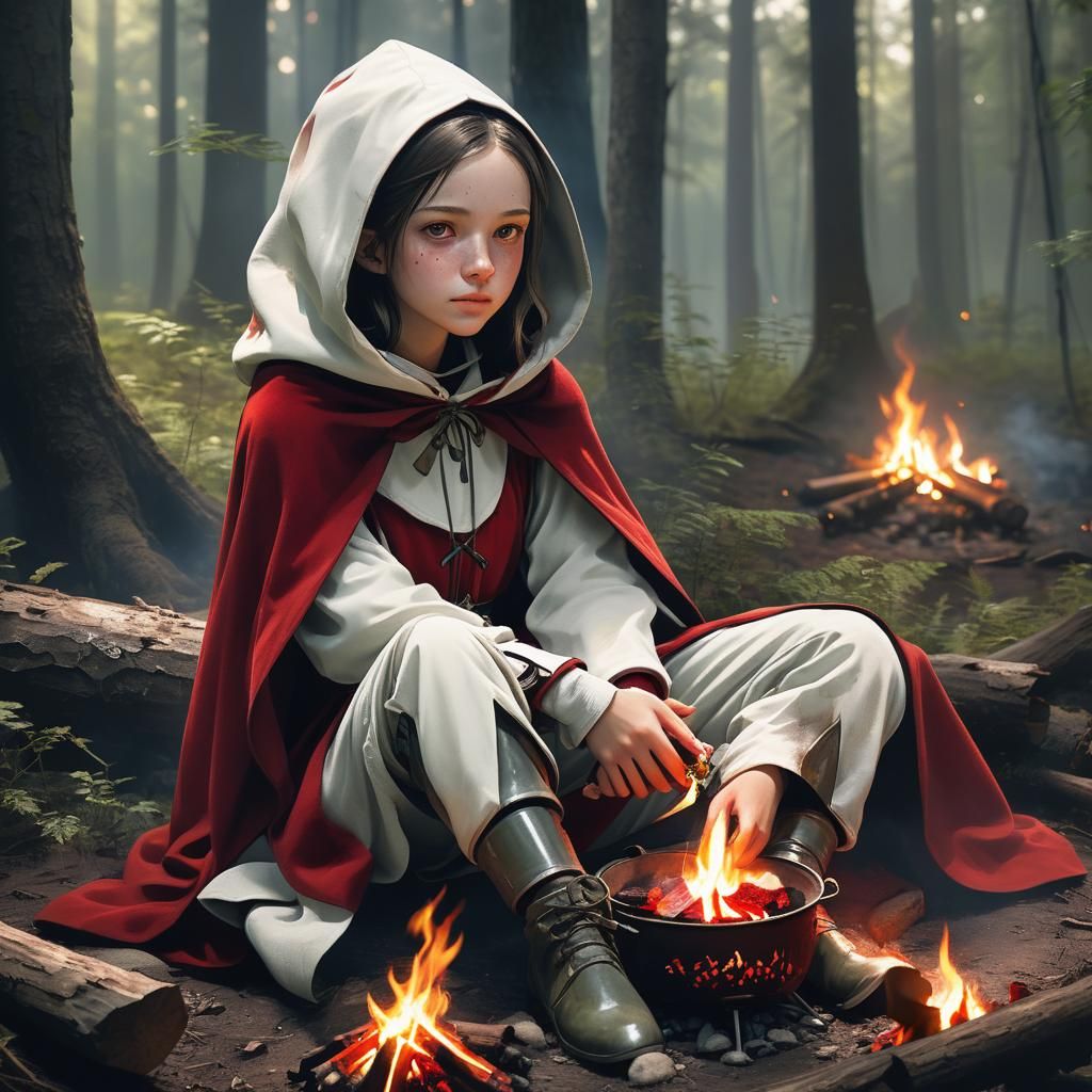 Girl and Armored Wolves Campfire Scene in Anime Style