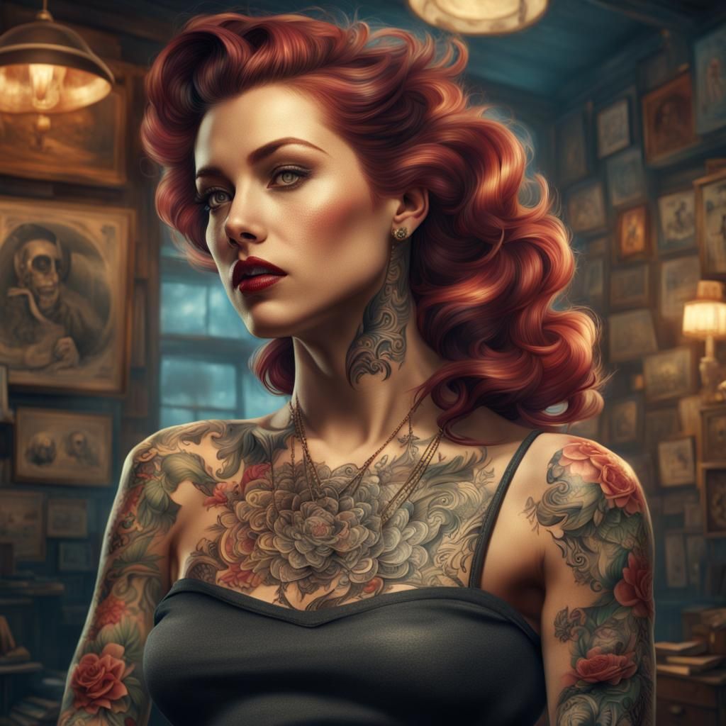 Classic Pin-Up Girl with Tattoo: Digital Matte Painting