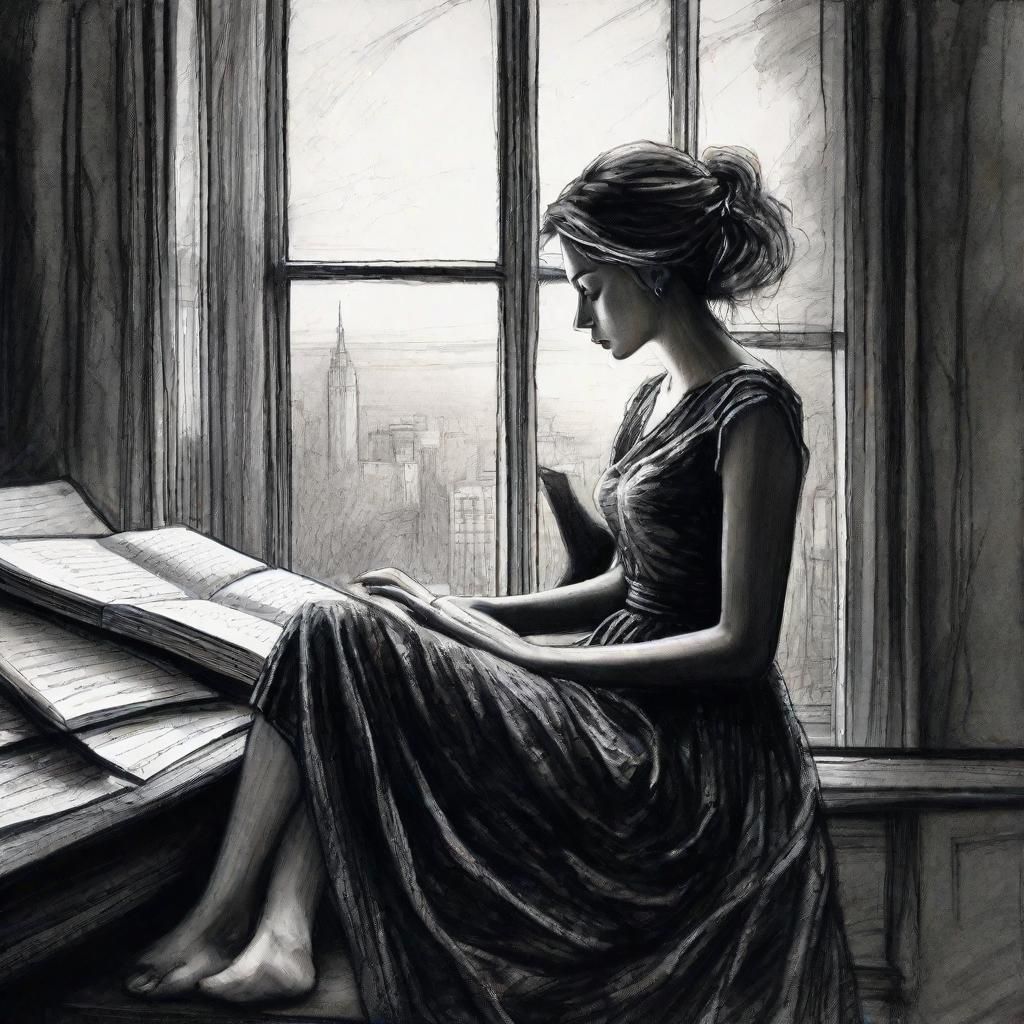Woman Gazing Out Window: Detailed Charcoal Drawing