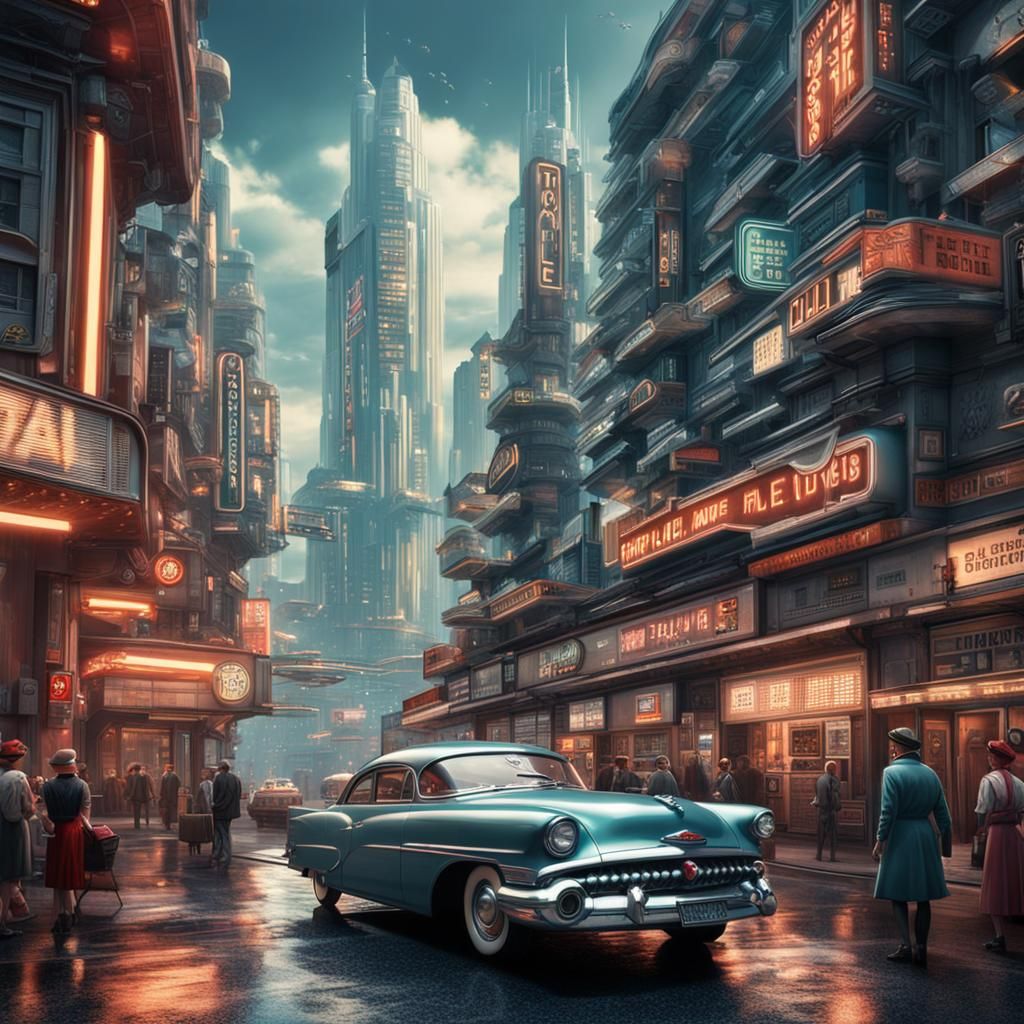 Cyberpunk City Life in the 1950s