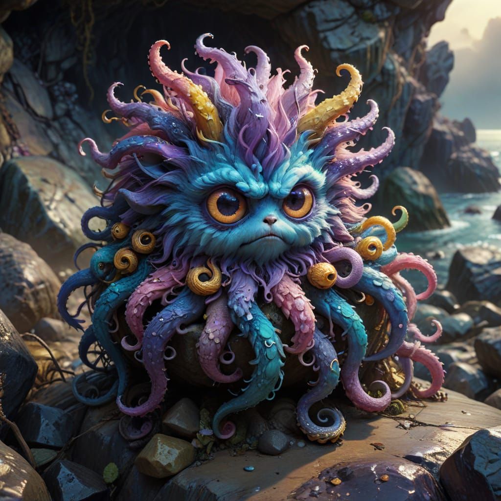 Angry Rainbow Creature with Tentacles in Rock