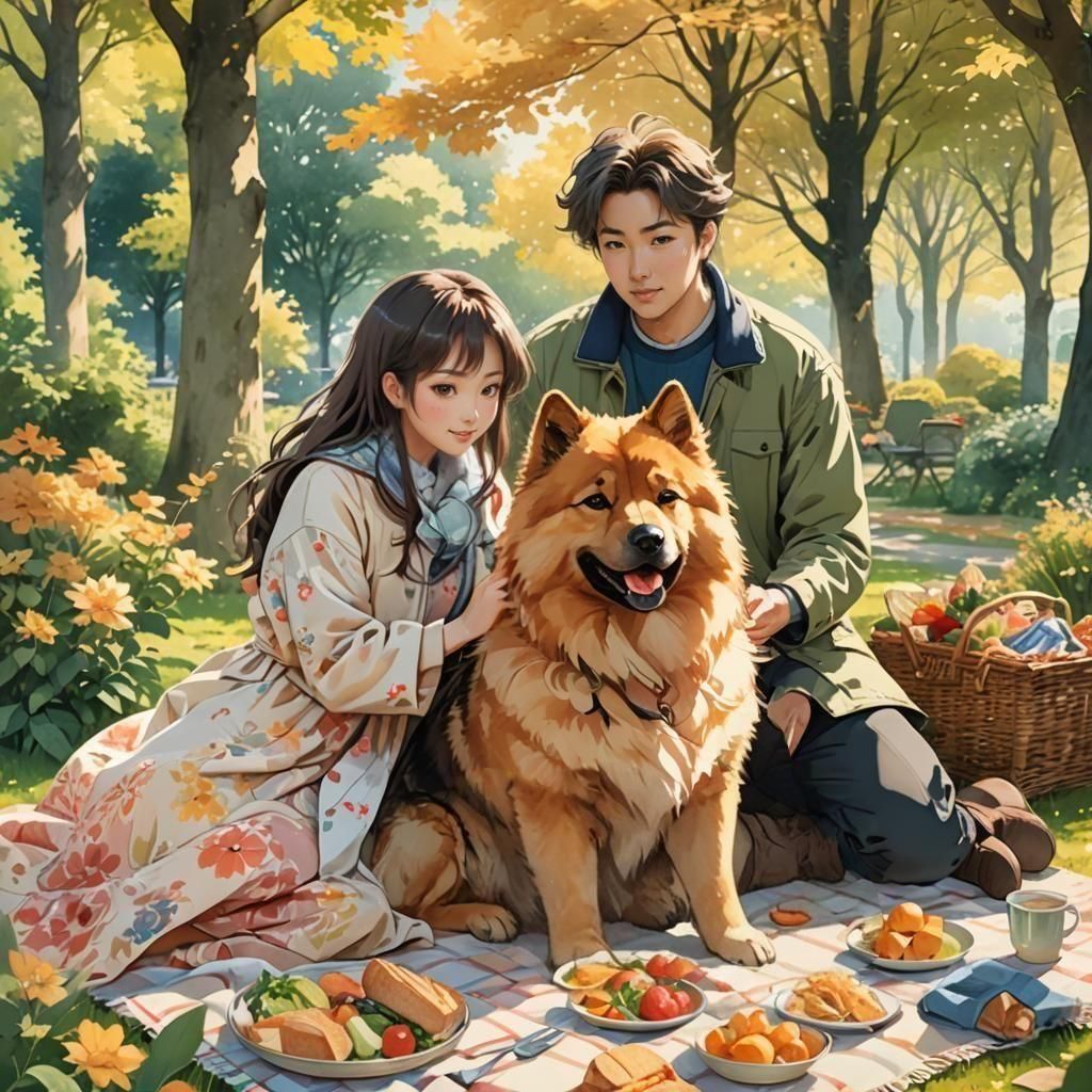 Couple Dining with Dog in Anime Art Style