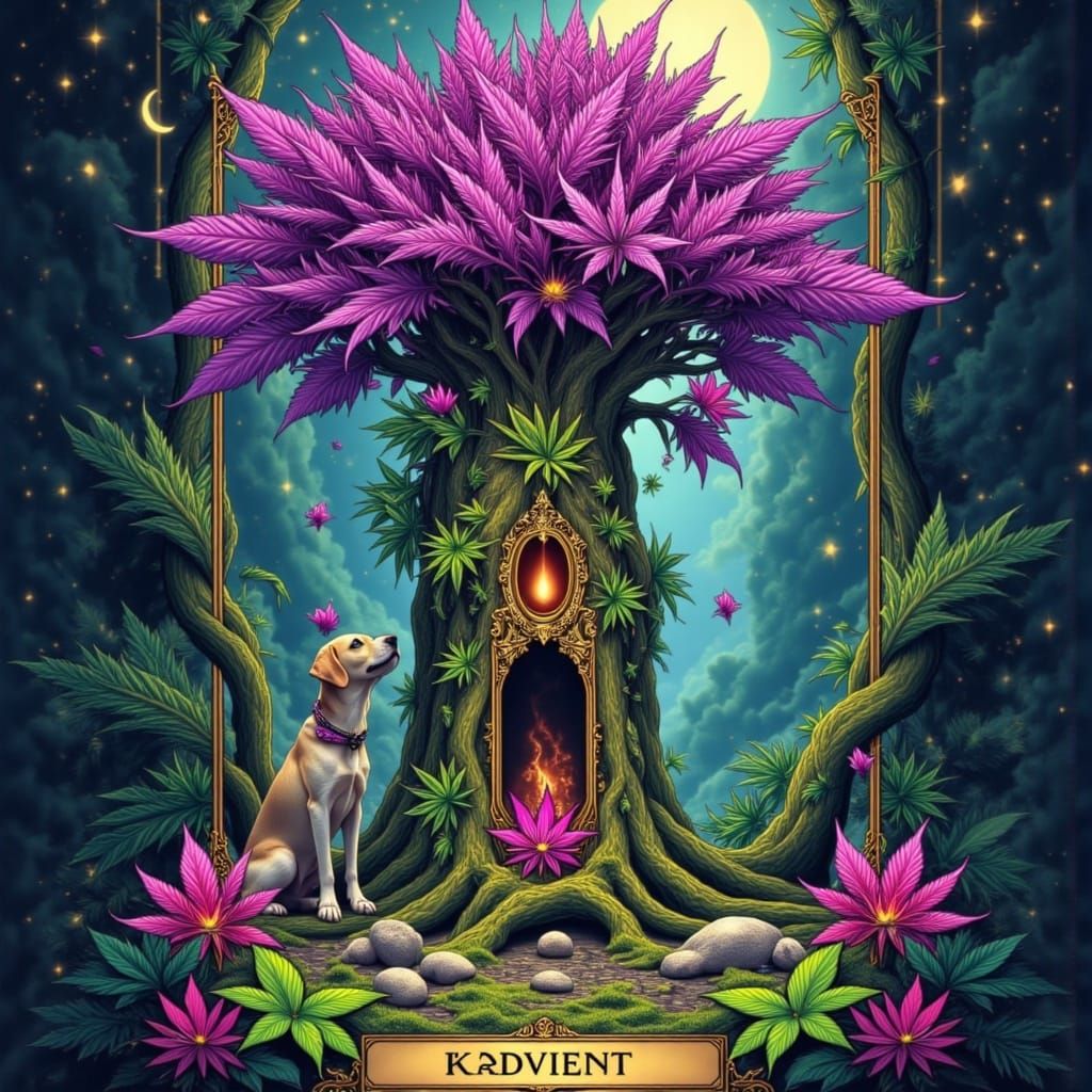 Giant Pink and Purple Cannabis Tree in Tarot Style
