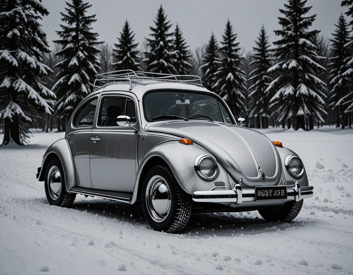 Surreal Silver and White Beetle in Snowy Landscape