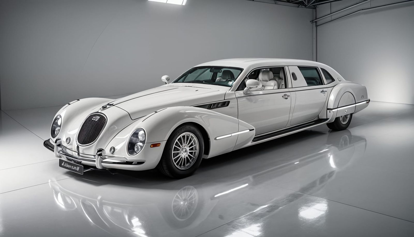 Sleek All-White Futuristic Limousine in a High-Tech Hangar