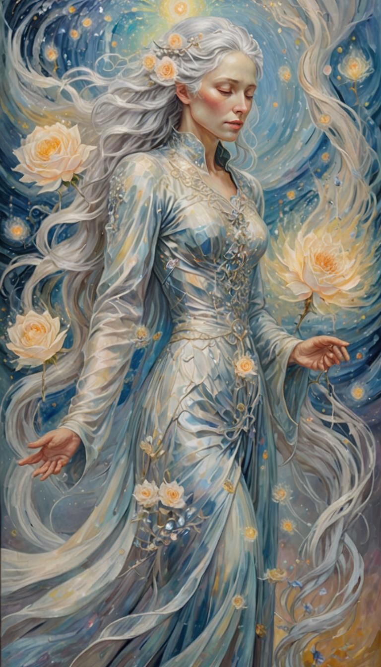 Ethereal Woman in a Crystalline Realm: Oil Painting