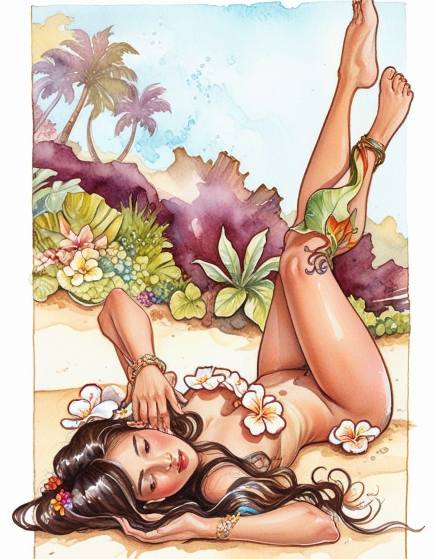 Maximalist Hula Dancer on Beach with Flowing Colors