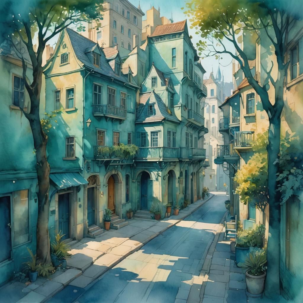 Teal Street Scene in Watercolor Style