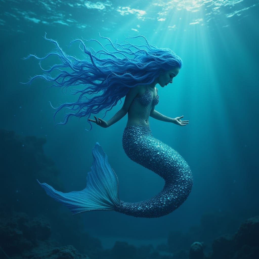 Blue Mermaid in Deep Ocean: Dreamy Digital Art