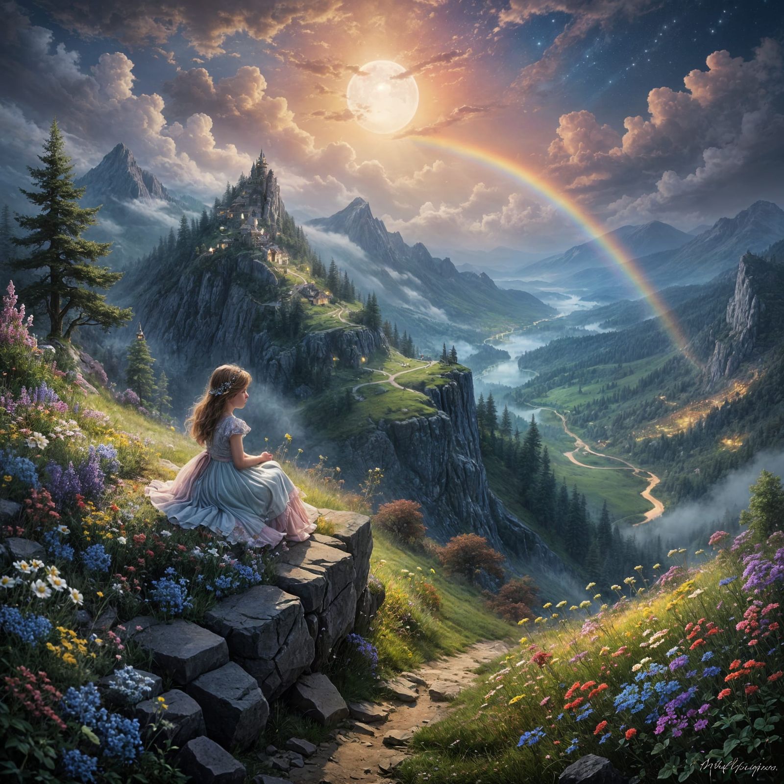 Girl in Whimsical Mountain Paradise under the Dark Sky