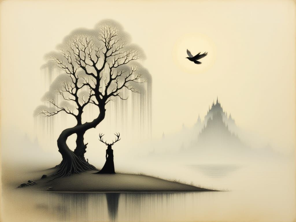 Ethereal Charcoal Drawing of Woman with Stag Antlers in a Mi...