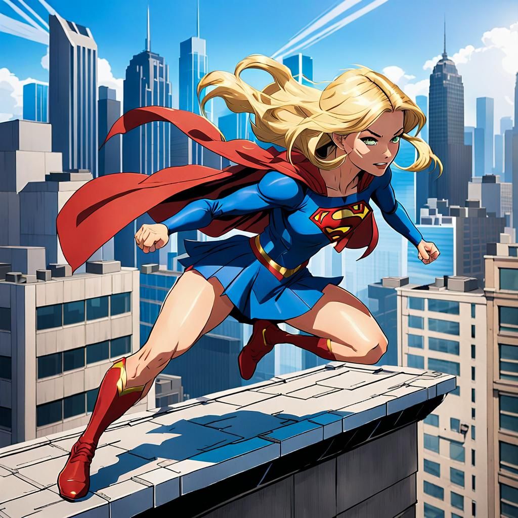 Supergirl Overlooking Metropolis in Cel-Shaded Anime Style