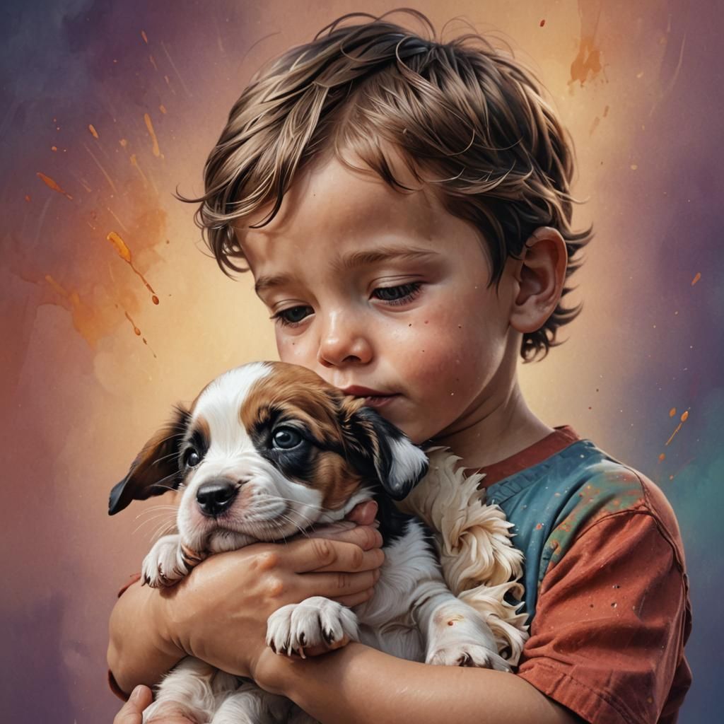 Boy Holds Puppy: Hyperrealistic Detailed Image