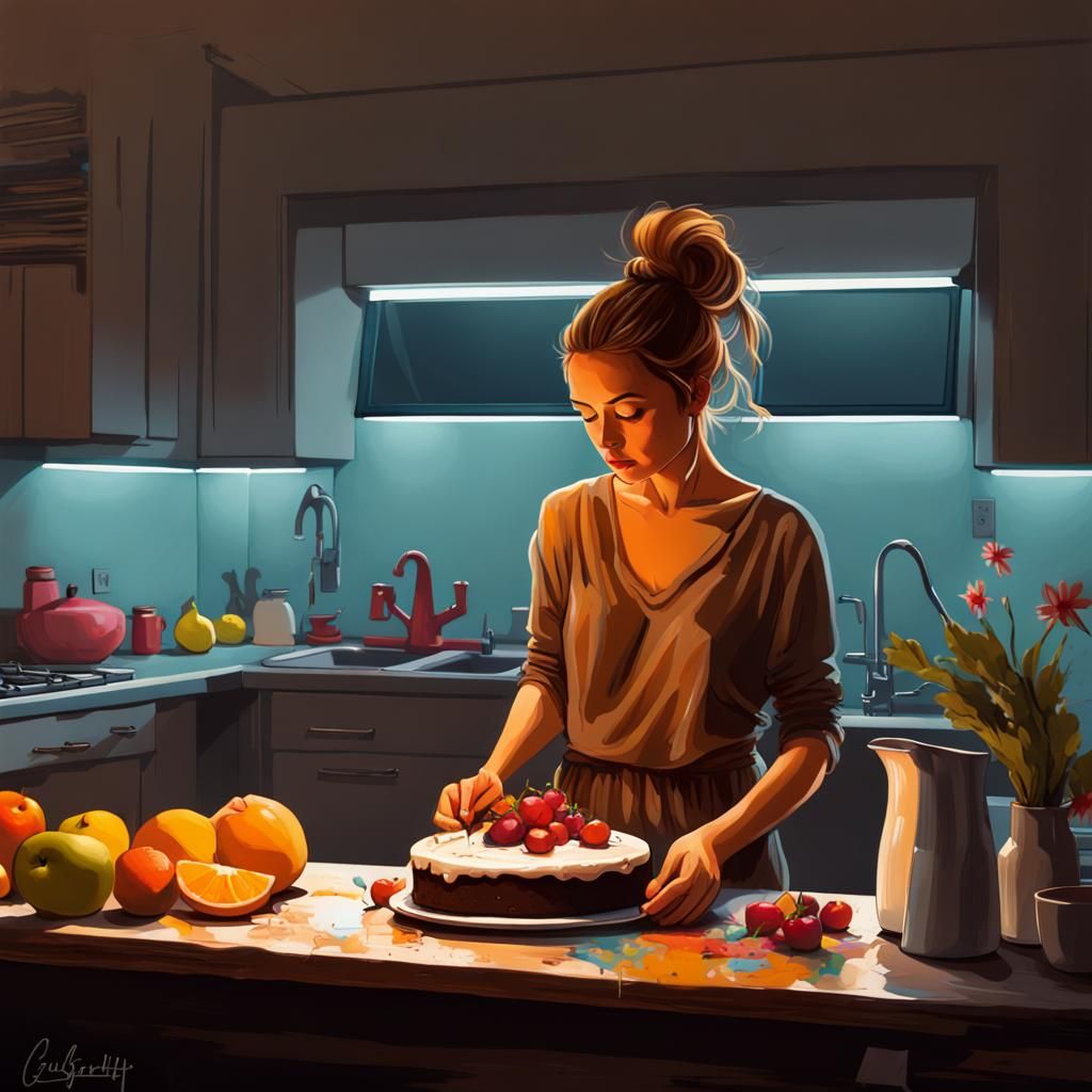 Woman Baking Cake in Graffiti Art Style
