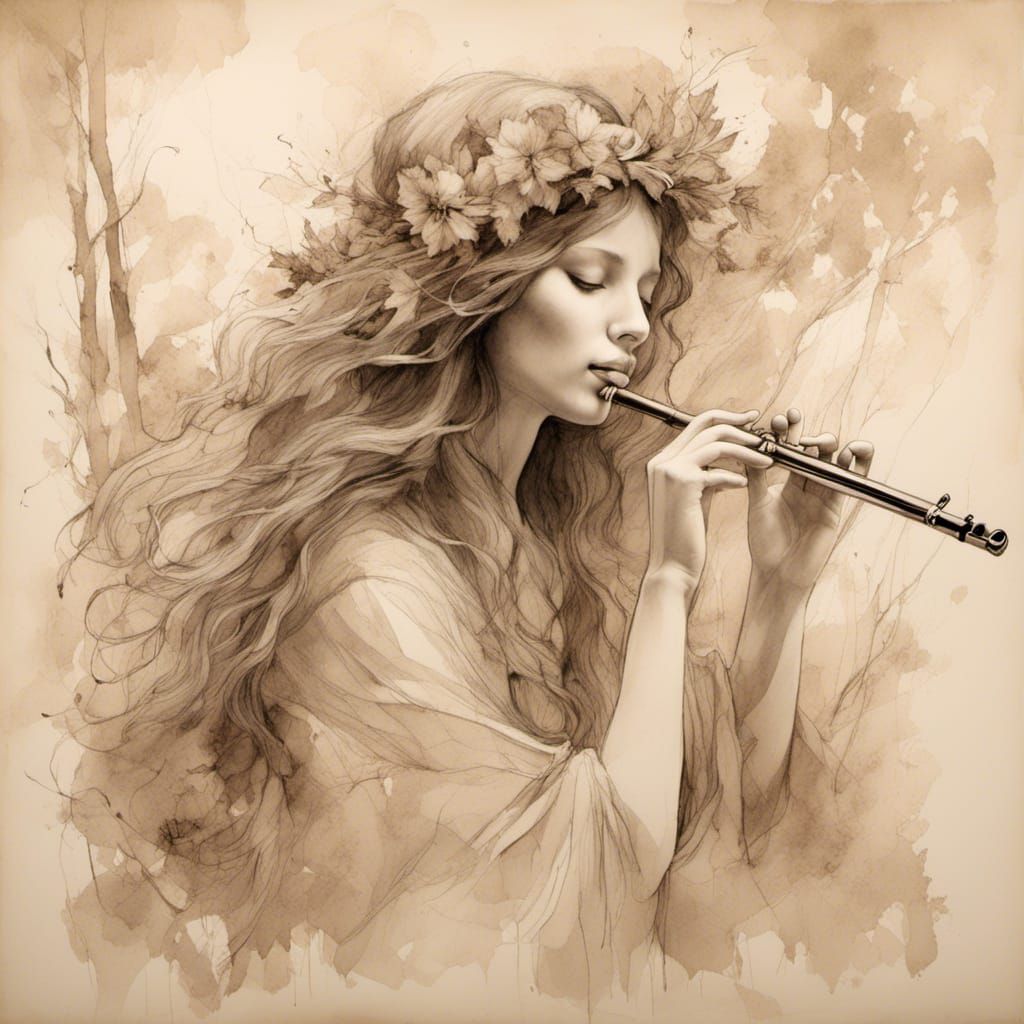 Whimsical Pencil Sketch of Woman with Flute