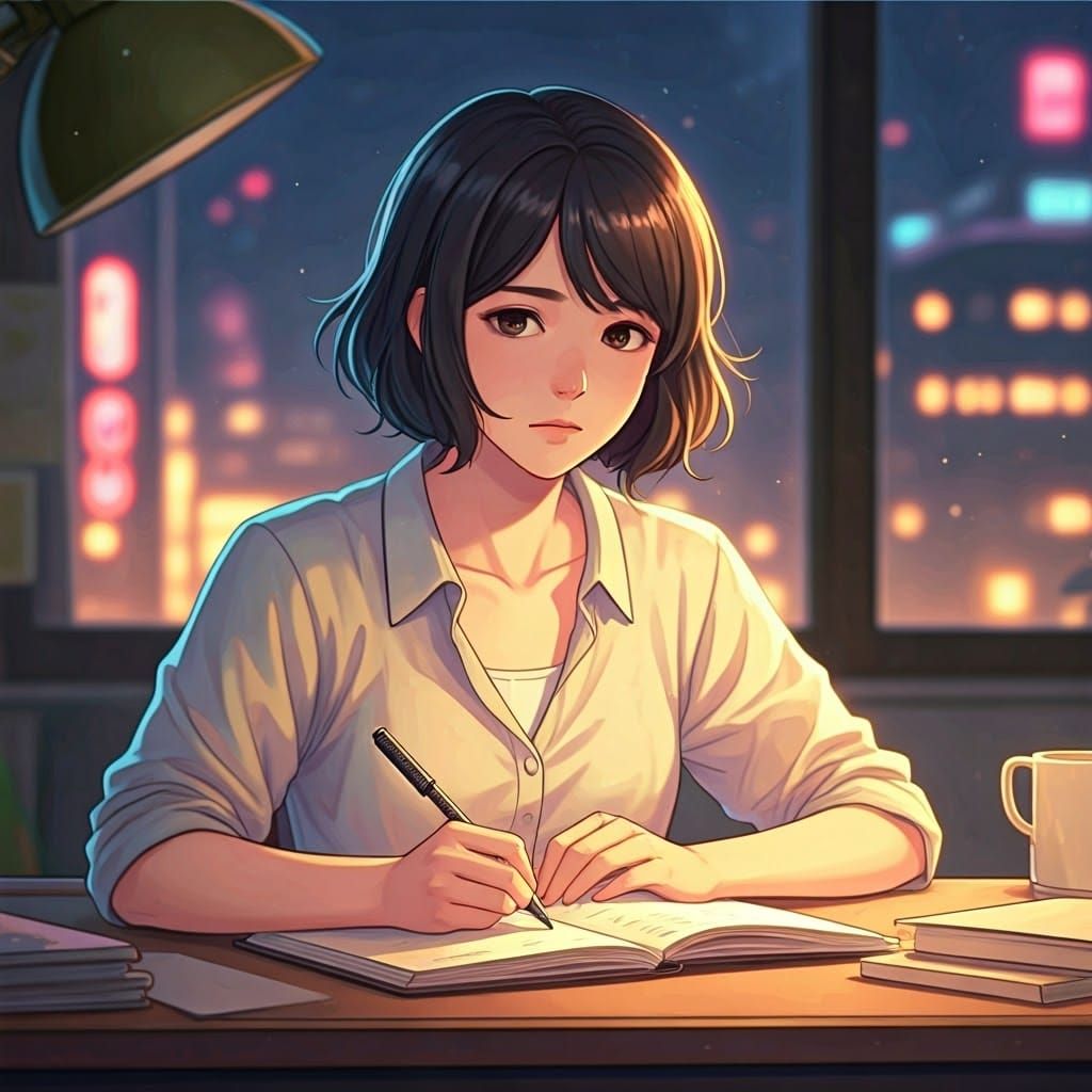 A Moe-Inspired Woman Writes in Her Diary Amidst a Bustling M...