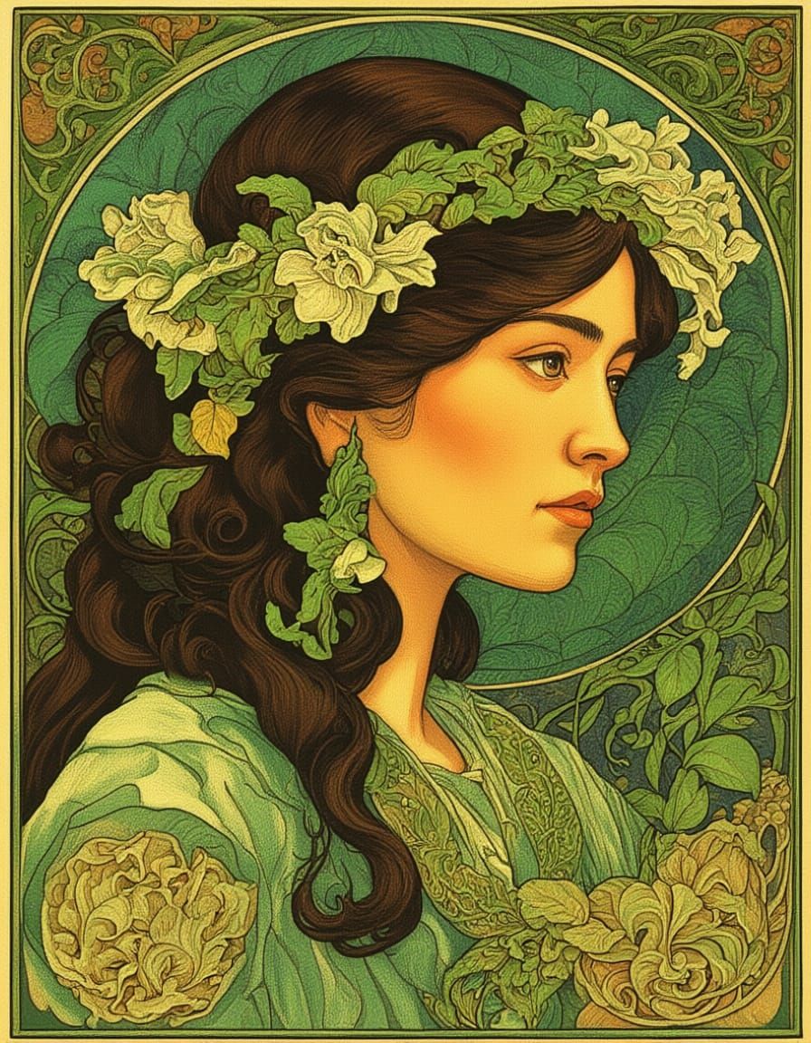 Elegant Art Nouveau Design in Rich Green Tones
