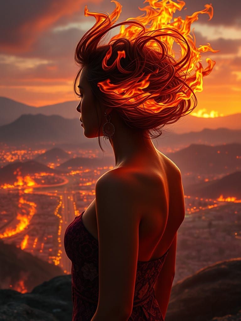 Burning Woman Amidst Infernal Los Angeles Landscape