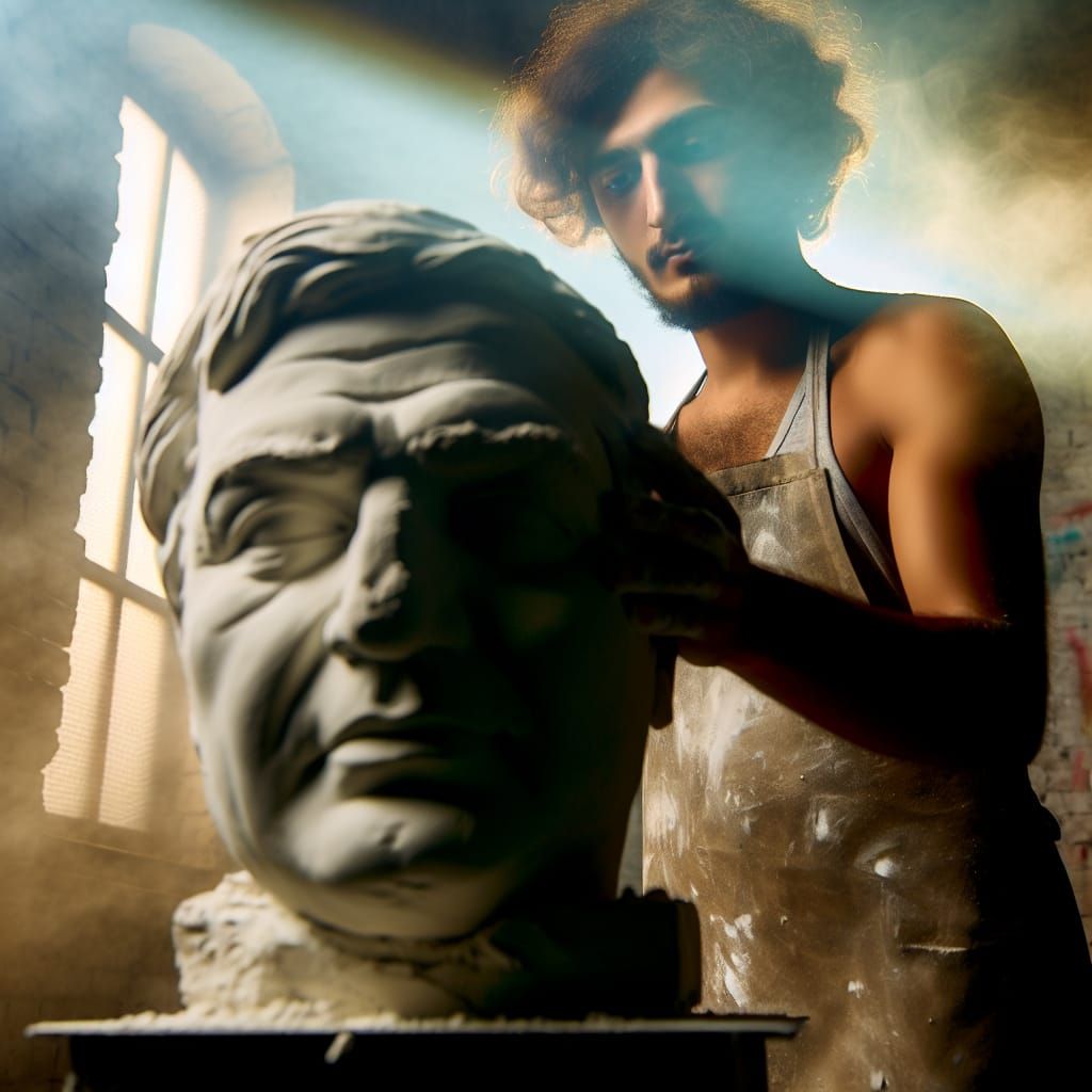 portrait of Jim Gion sculpting the plaster head of Nelson Mandela, art studio background with dusty sunlight shafts comi...