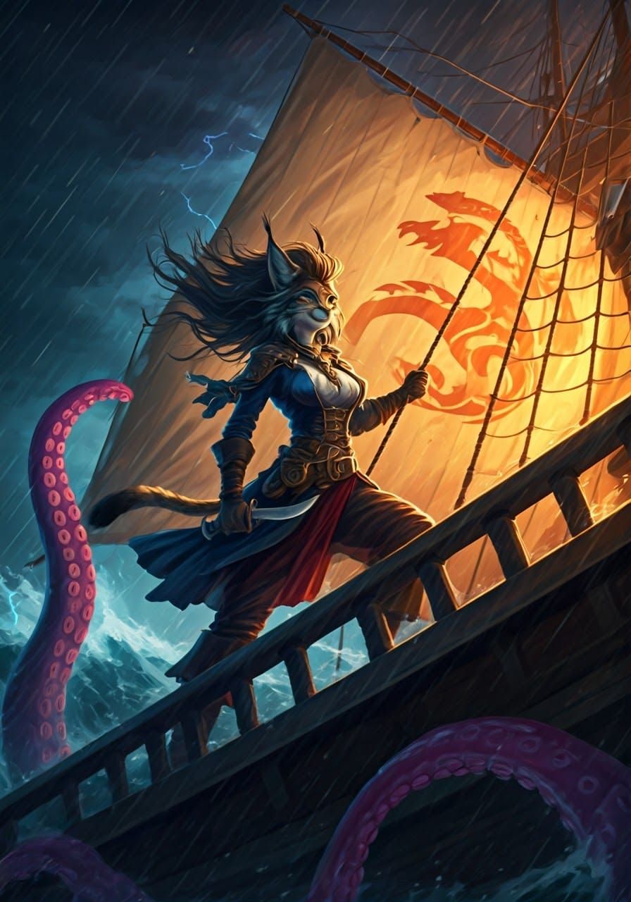 Lynx Pirate Battles Kraken in Pastel Graphic Novel